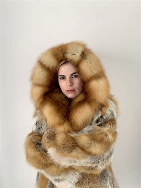 red fox fur coat with hood